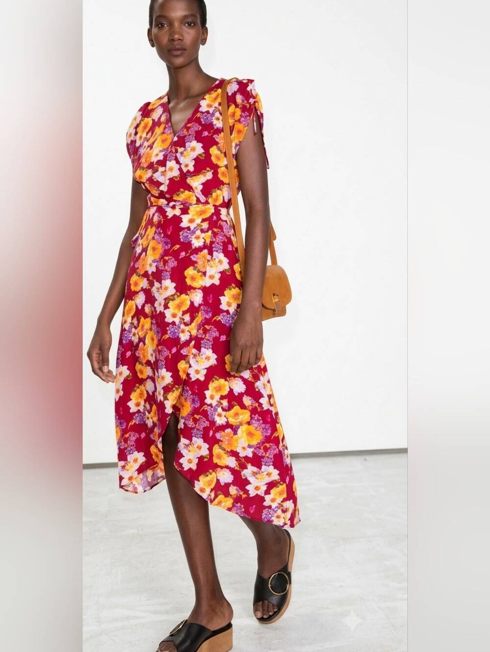 & Other Stories Midi Wrap Dress Size Floral Print Red Ruffle